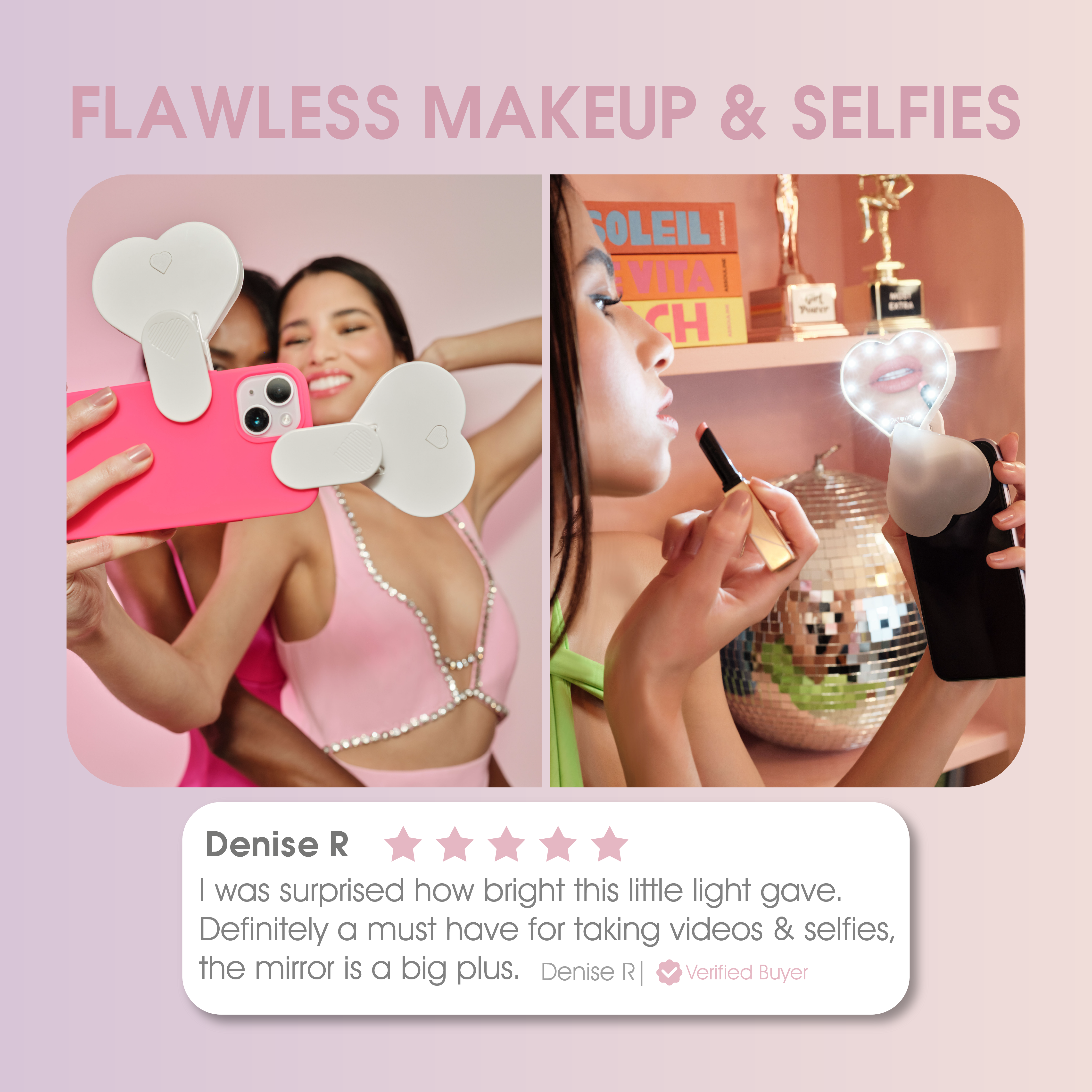 Key Features of Riki Sweetheart: portable, adjustable birghtness, LED light, Clip-on attatchment, and built-in beauty filter!