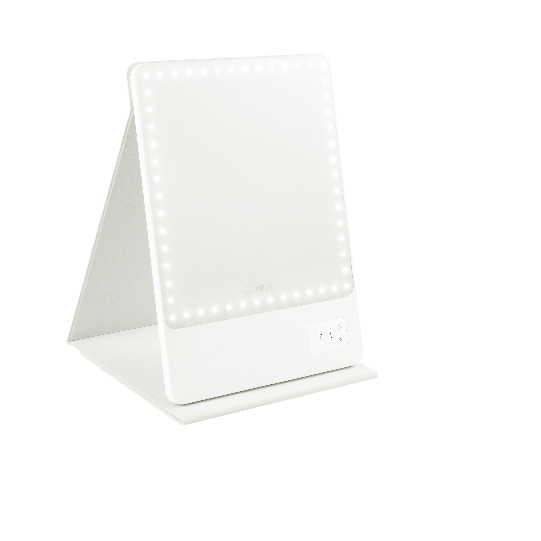RIKI SKINNY ECO Glam On-the-Glow Set in White - Versatile Travel Flip Case and RIKI SKINNY ECO Mirror Bundle - Perfect Lighting for Makeup Application