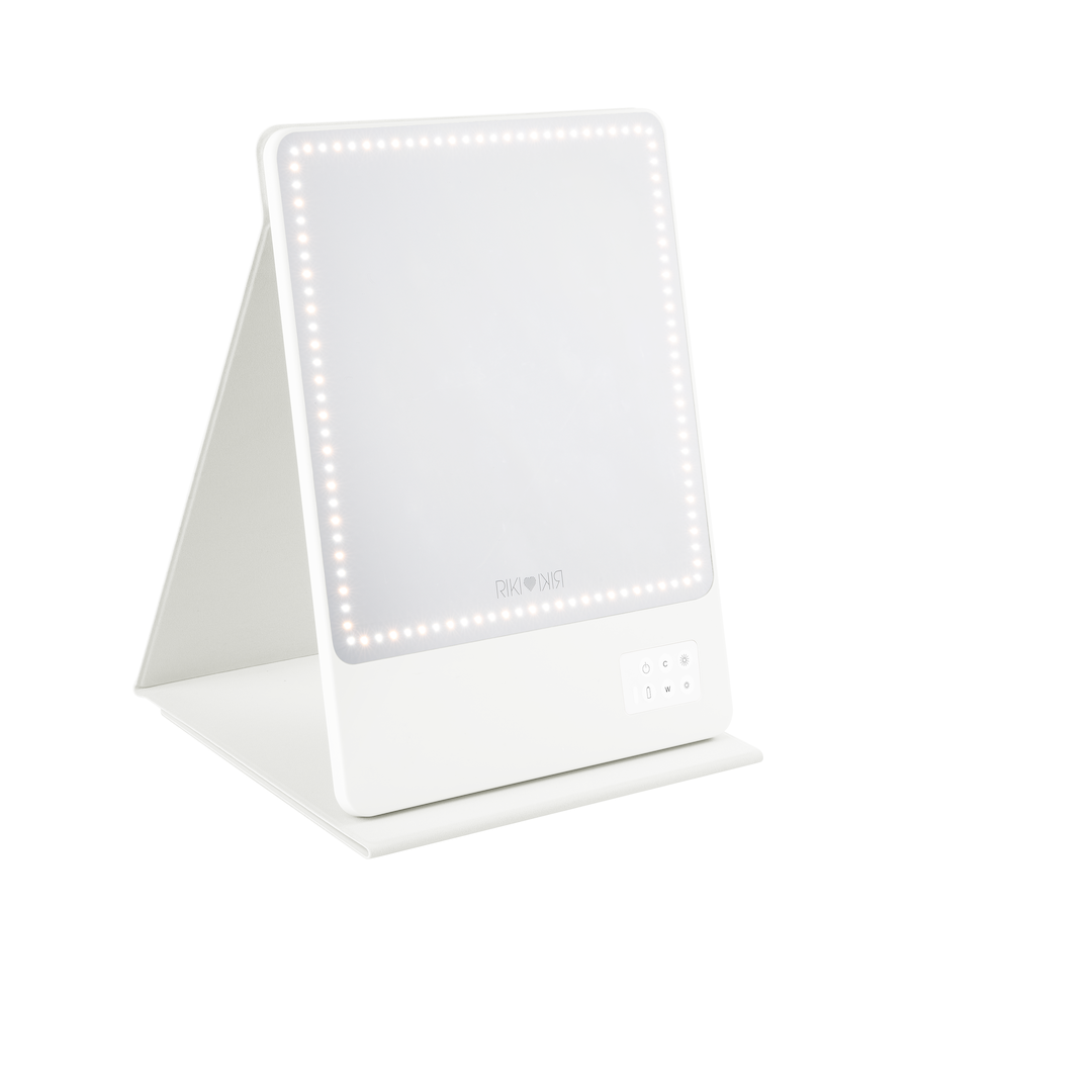 RIKI SKINNY ECO Glam On-the-Glow Set in White - Versatile Travel Flip Case and RIKI SKINNY ECO Mirror Bundle - Perfect Lighting for Makeup Application