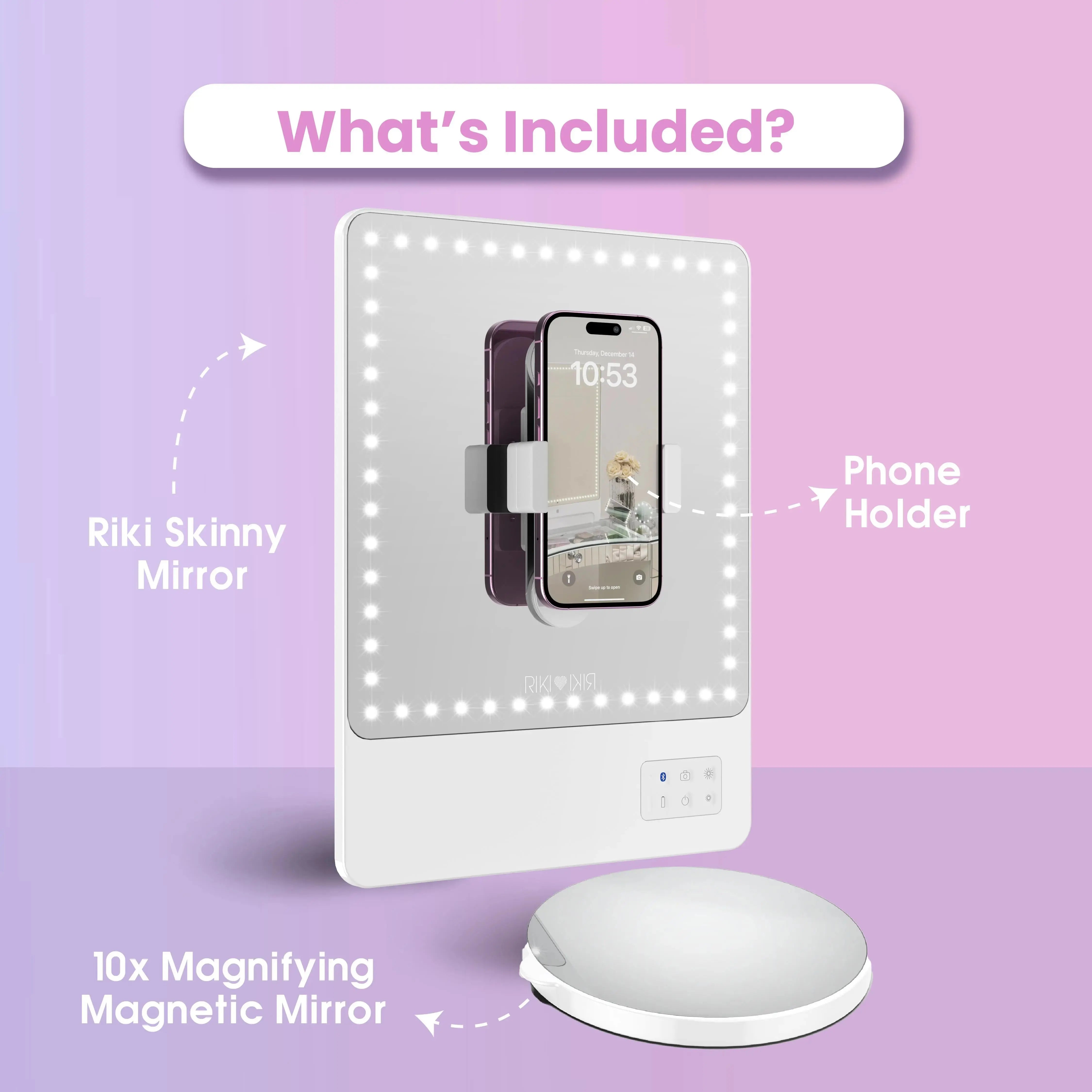 RIKI Skinny LED vanity mirror with magnetic phone holder