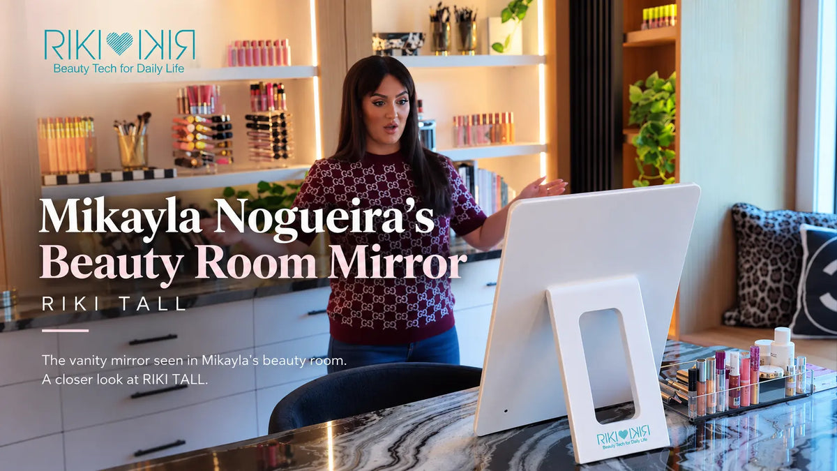 Mikayla Nogueira’s beauty room featuring the RIKI TALL LED vanity mirror and marble vanity