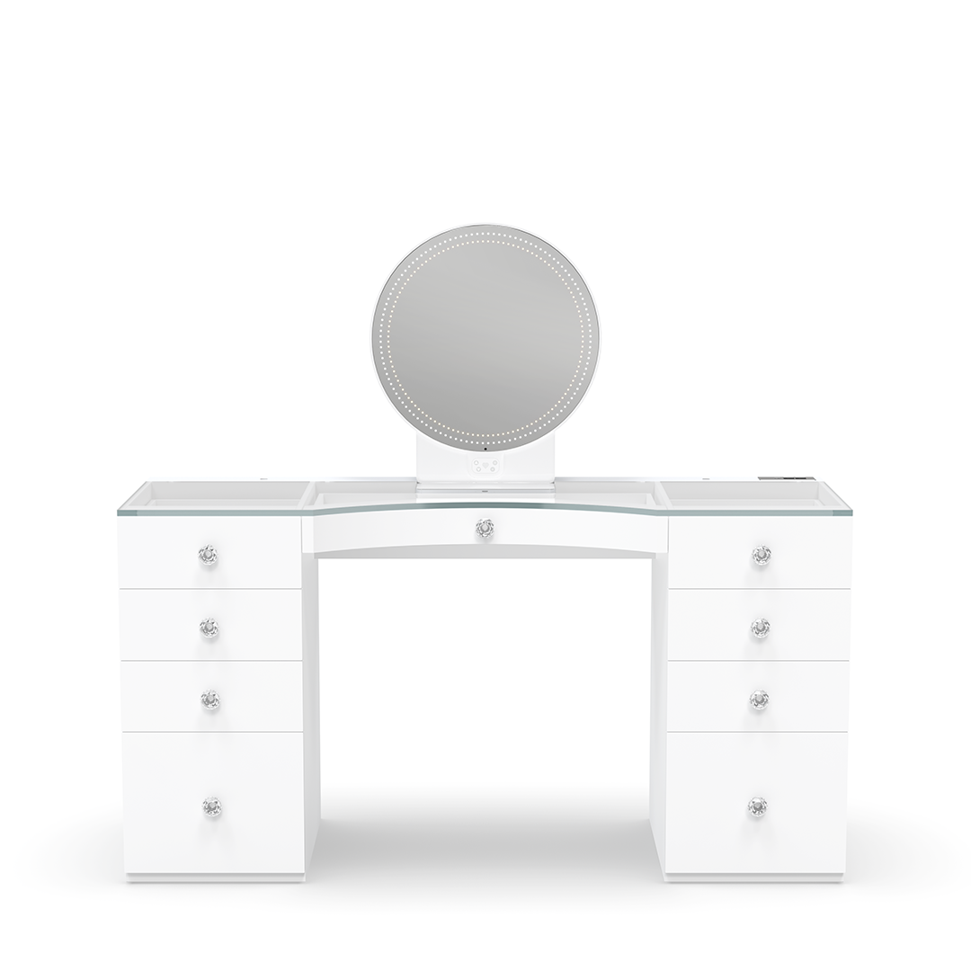 Elevate your dressing table with RIKI LOVES RIKI luxurious hollywood vanity and RIKI SASSY round mirror with LED lights, one step above hollywood impressions vanity mirror