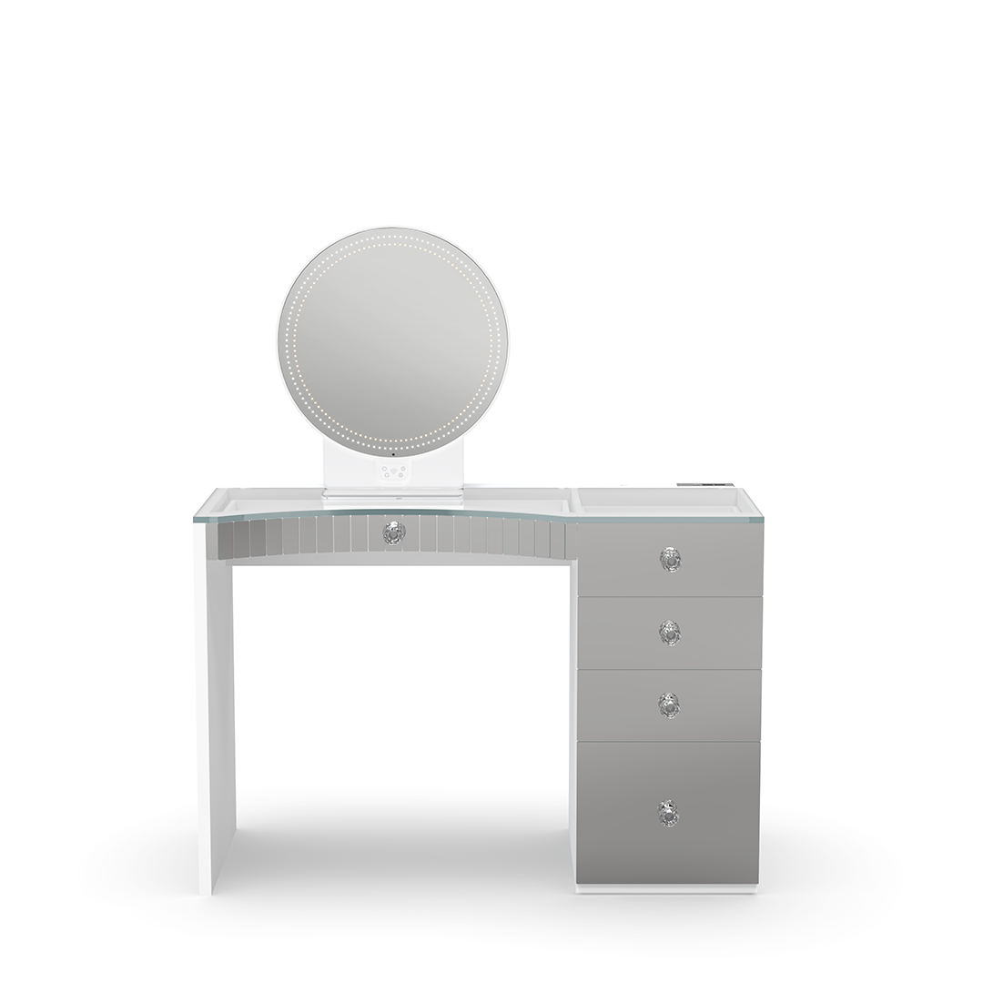 slaystation pro premium mirrored vanity table's better alternative: GLAMCOR Power Vanity delivers ergonomic comfort and crystal knobs.
