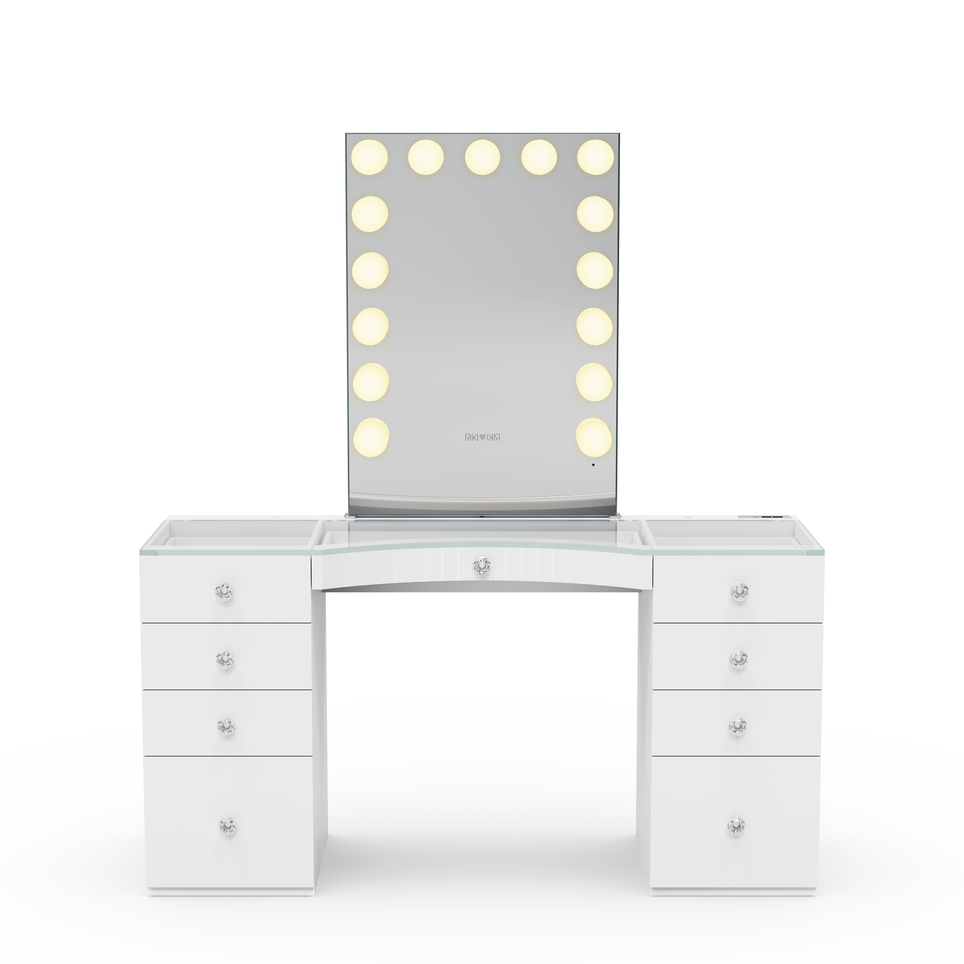Unleash your inner beauty guru with the ergonomic carveout feature of the GLAMCOR Power Vanity, ensuring a comfortable makeup application experience. Add a iconic RIKI LOVES RIKI Hollywood makeup mirror with lights to the vanity table, completing your stunning functional beauty corner.