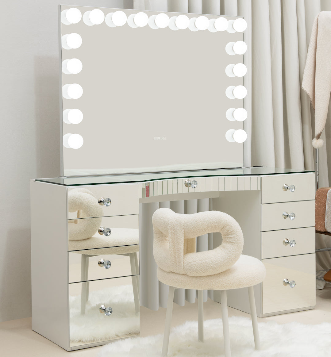 GLAMCOR mirrored Power Vanity pairs up with RIKI LOVES RIKI best luxury large LED holly wood style vanity mirror. Better than impressions vanity slaystation with lighted mirror