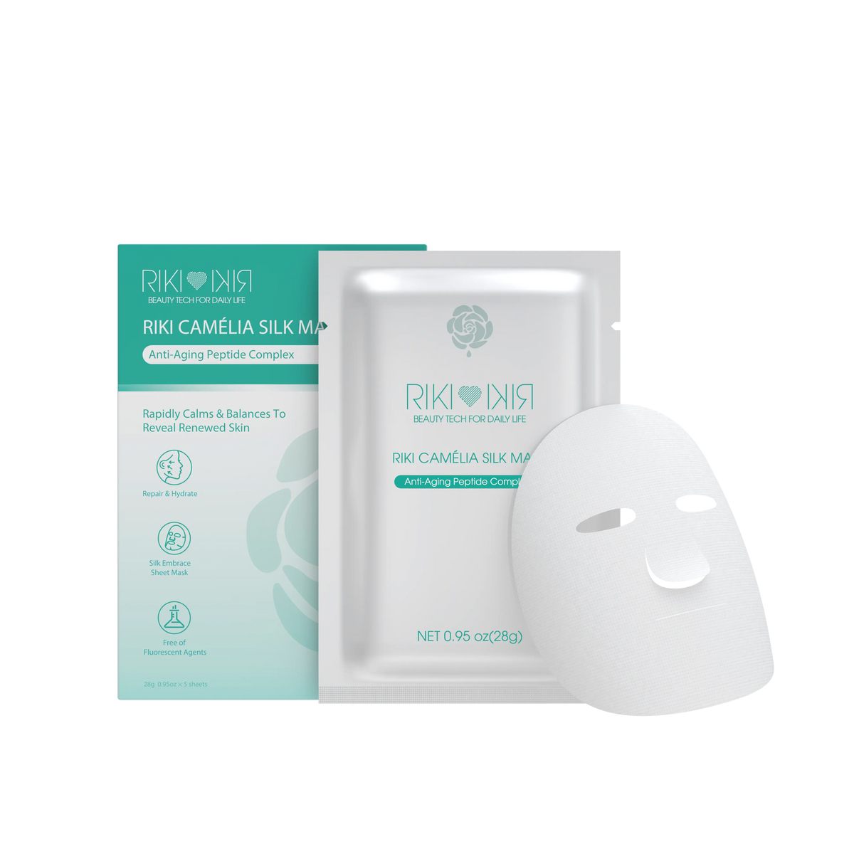 RIKI Camélia Silk Mask peptide hydrating face mask product packaging with silk sheet mask