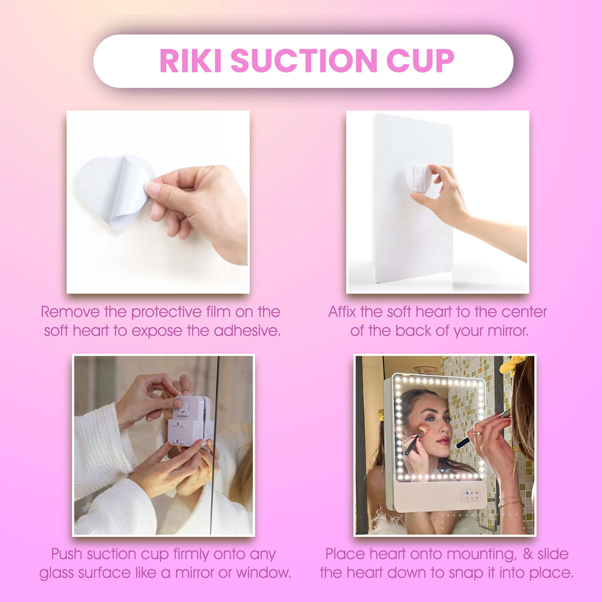 RIKI SKINNY Suction Cup Attachment installation steps showing how to mount the travel makeup mirror on glass surfaces