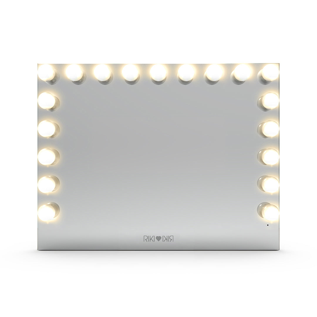A revolutionary Hollywood mirror with embedded technology, offering HD, color temperature-adjustable lighting. Custom frosted glass ensures even light distribution without traditional bulbs.