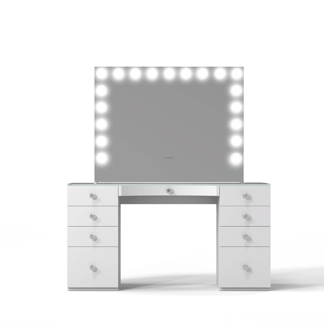 slaystation pro premium mirrored vanity table better alternative: GLAMCOR Power Vanity delivers ergonomic comfort and crystal knobs.