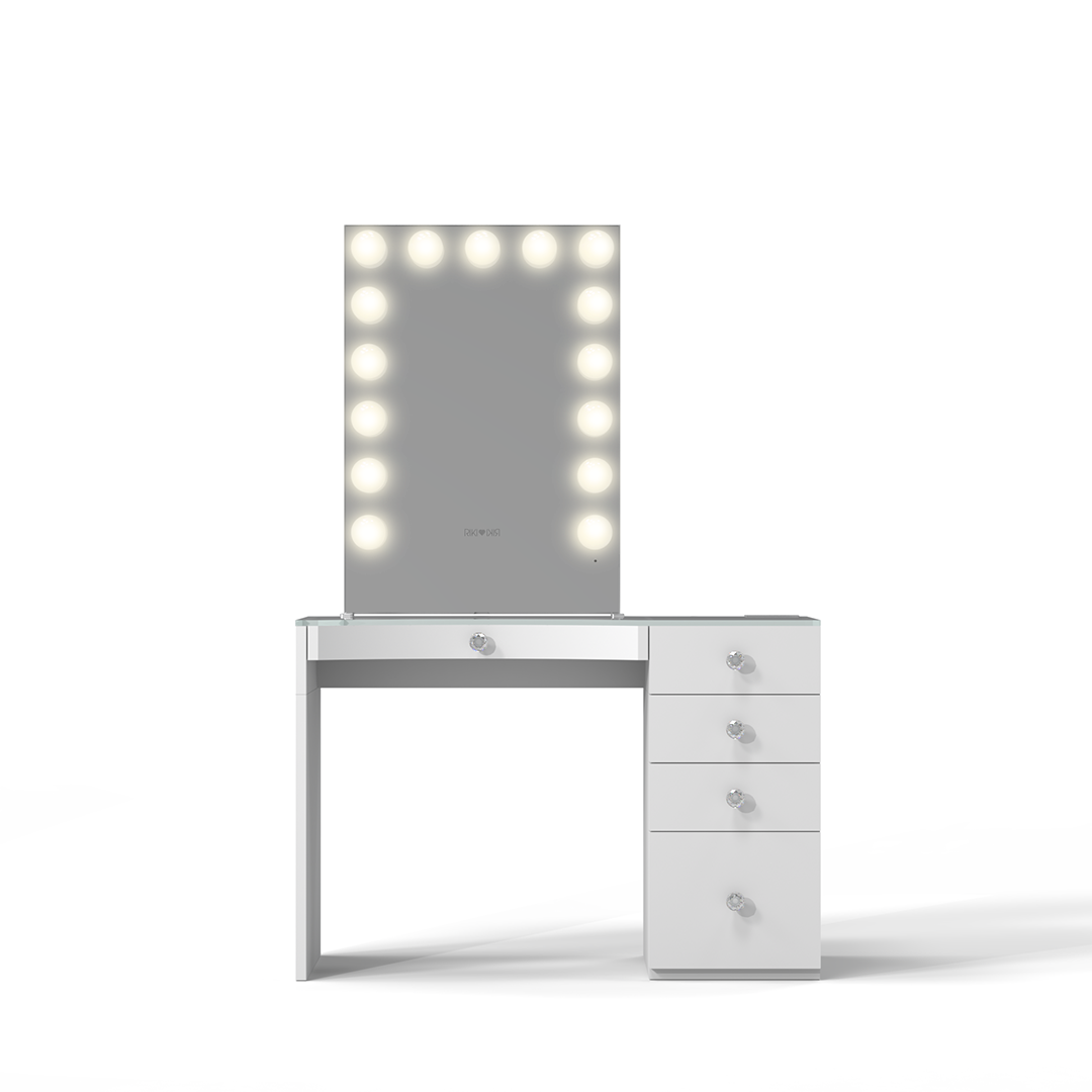 Illuminated Hollywood mirror and matching vanity small table, offering luxury beyond Impressions Vanity.