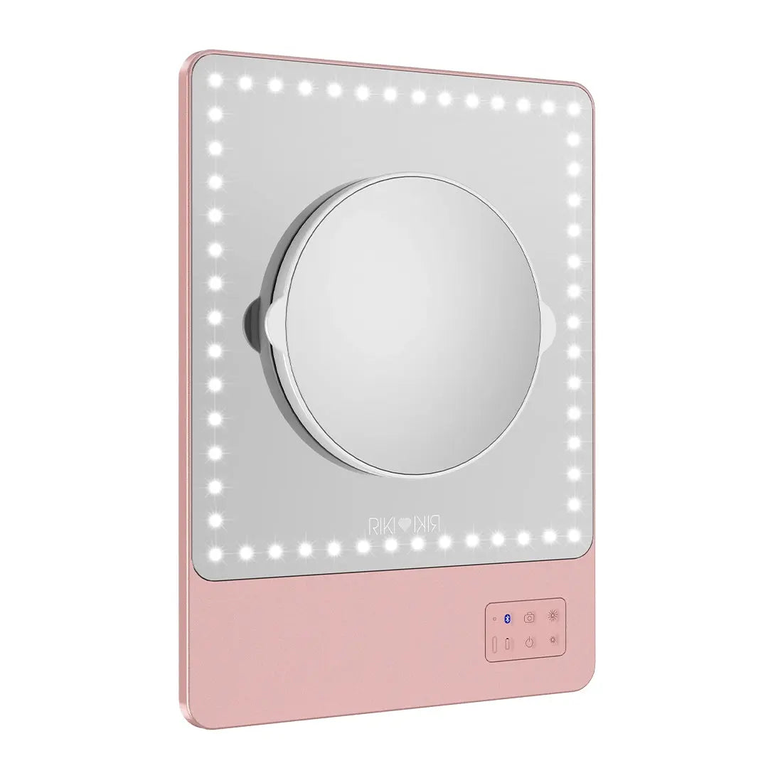 Rose gold RIKI SKINNY mirror with attached magnetic magnifying mirror