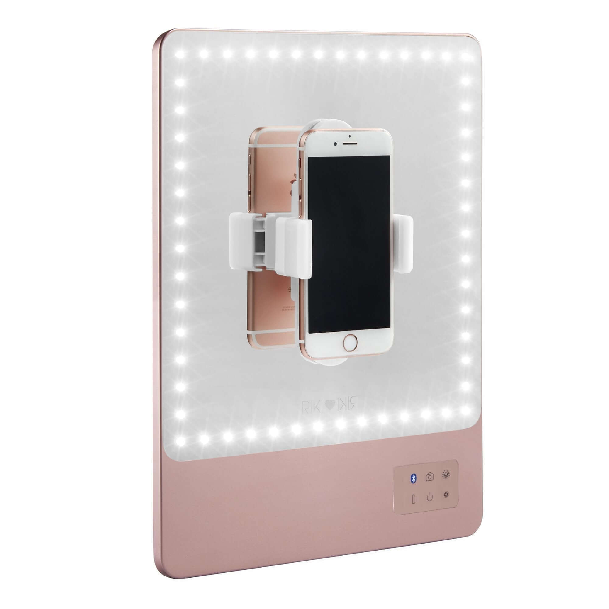 Rose gold RIKI SKINNY mirror with 10x magnification, chic and slightly used, sample sale.