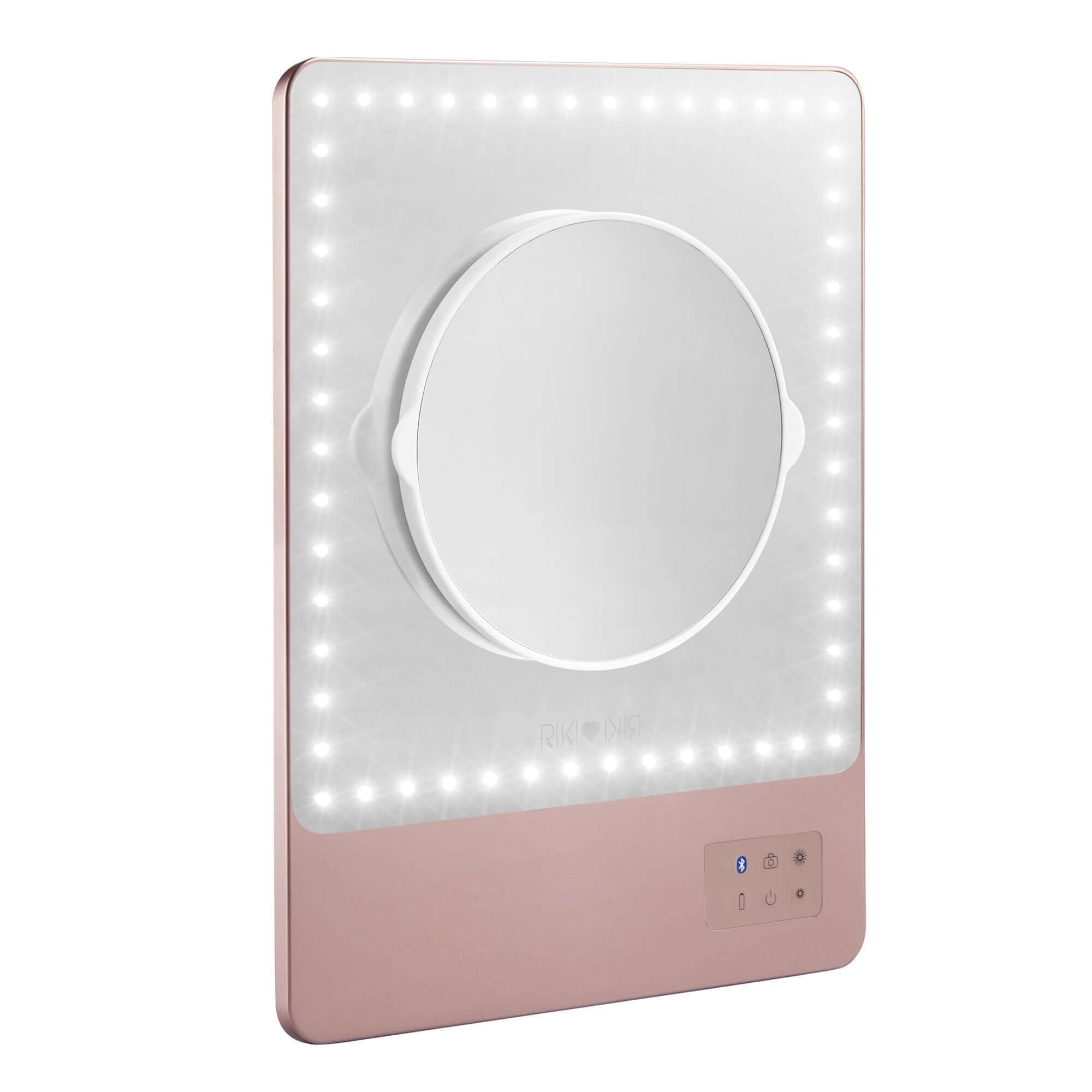 Rose gold RIKI SKINNY mirror with 10x magnification, front view, slightly used, sample sale.