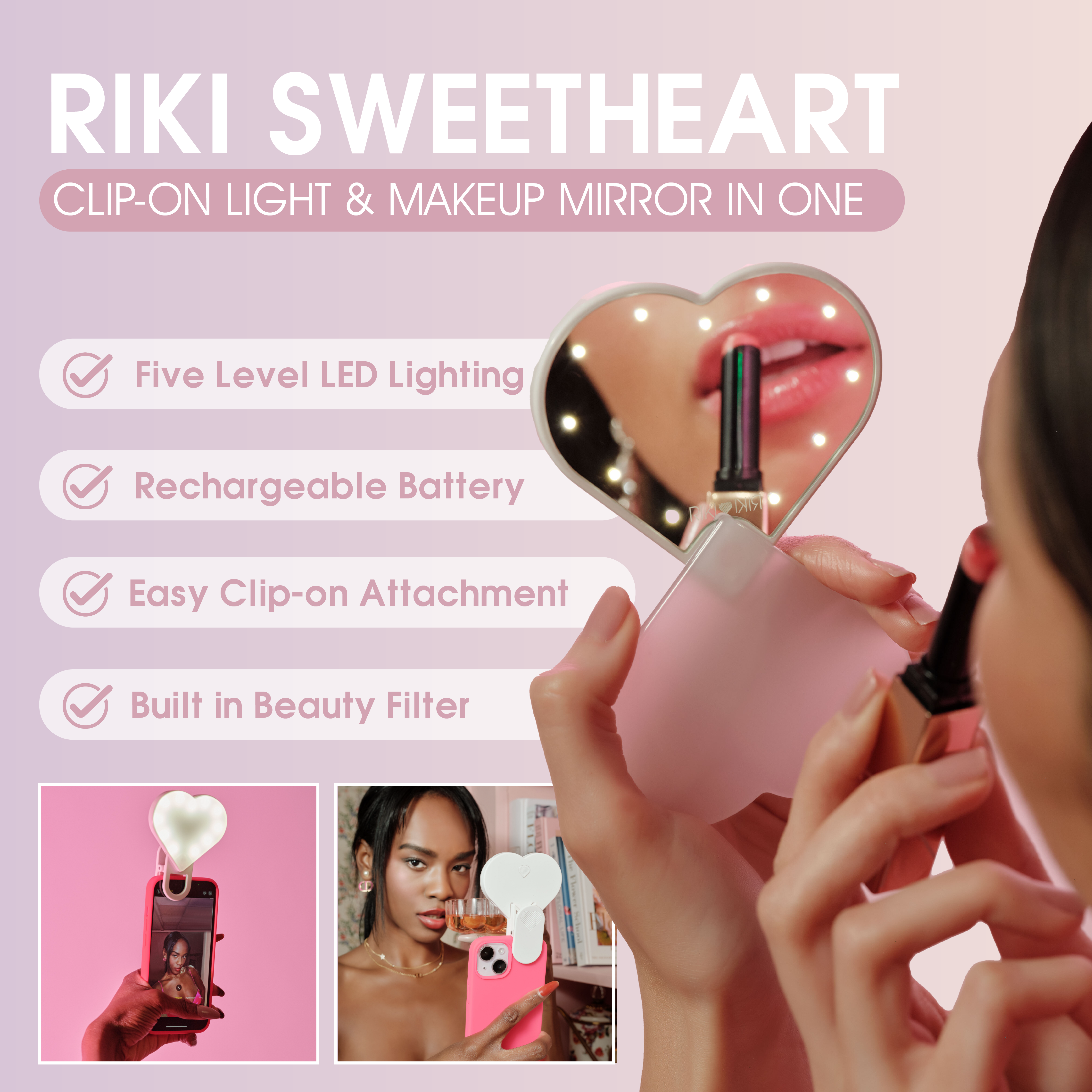 Riki Sweetheart, Alix Earle Selfie Light, has an elegant design and exceptional functionality- Comes in hot pink, white, and Sparkle variants. Achieve a flawless makeup look effortlessly with this ultimate beauty accessory!