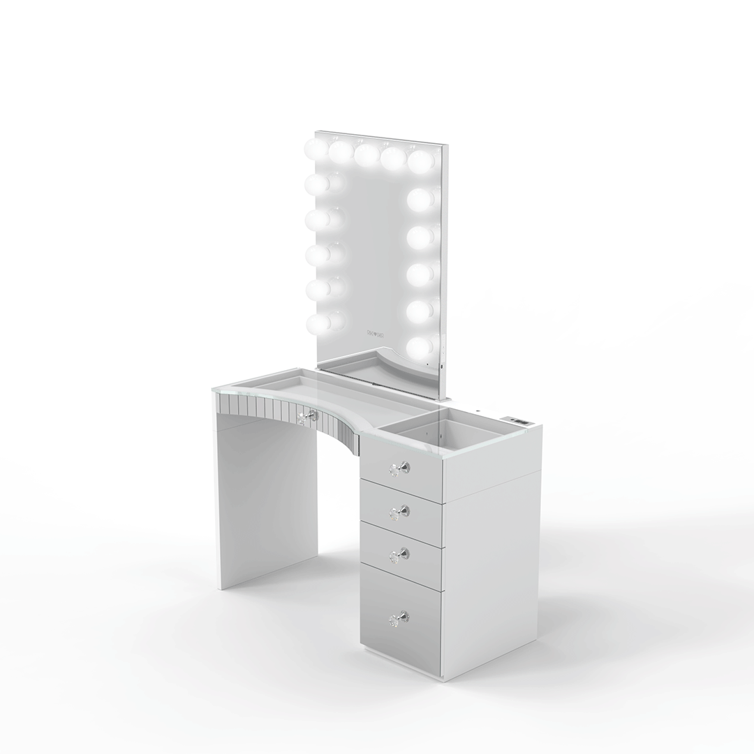 Small Riki Loves Riki Hollywood mirror with LED lighting, ideal for a compact vanity setup.