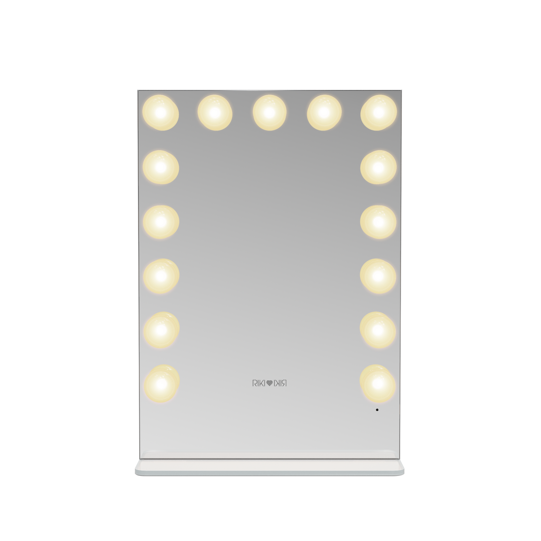 Small Riki Loves Riki Hollywood mirror with warm light, perfect for spaces where space is at a premium.