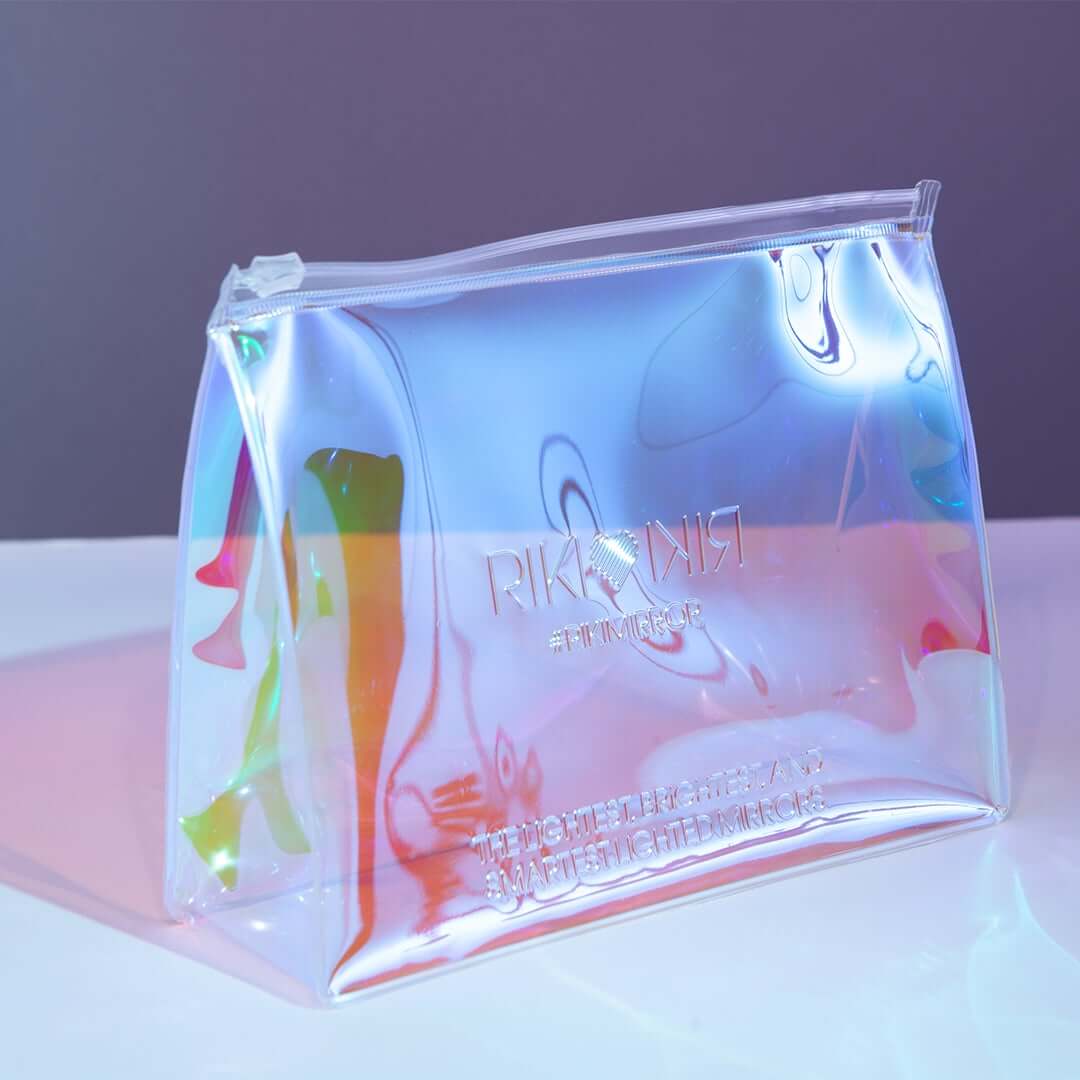 Glam iridescent vinyl makeup bag, perfect for travel.