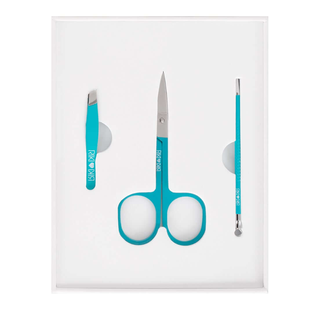 RIKI Mini beauty tools in blue: Tweezer, extractor, eyebrow scissor