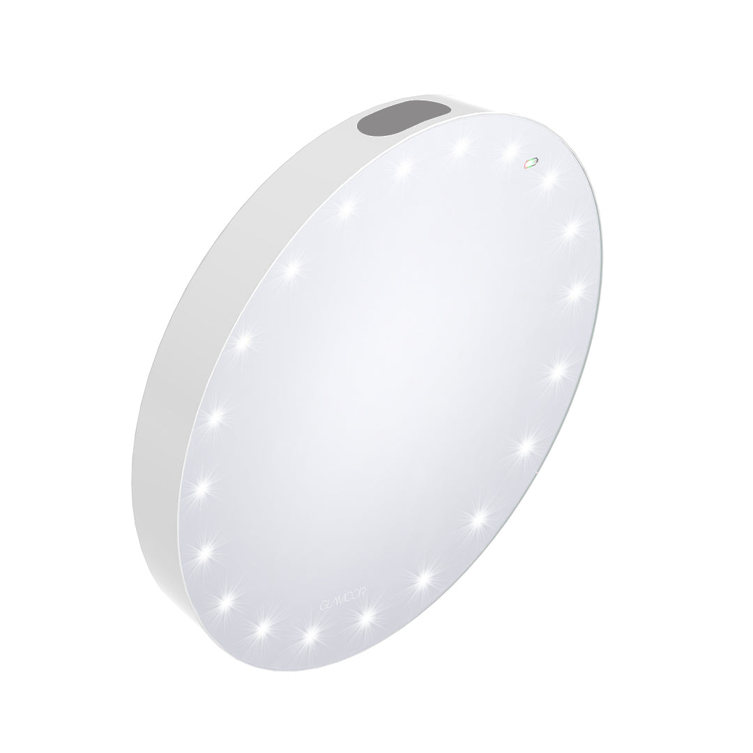 Heated and lighted GLAMCOR Home Shaving Mirror with fogless glass.