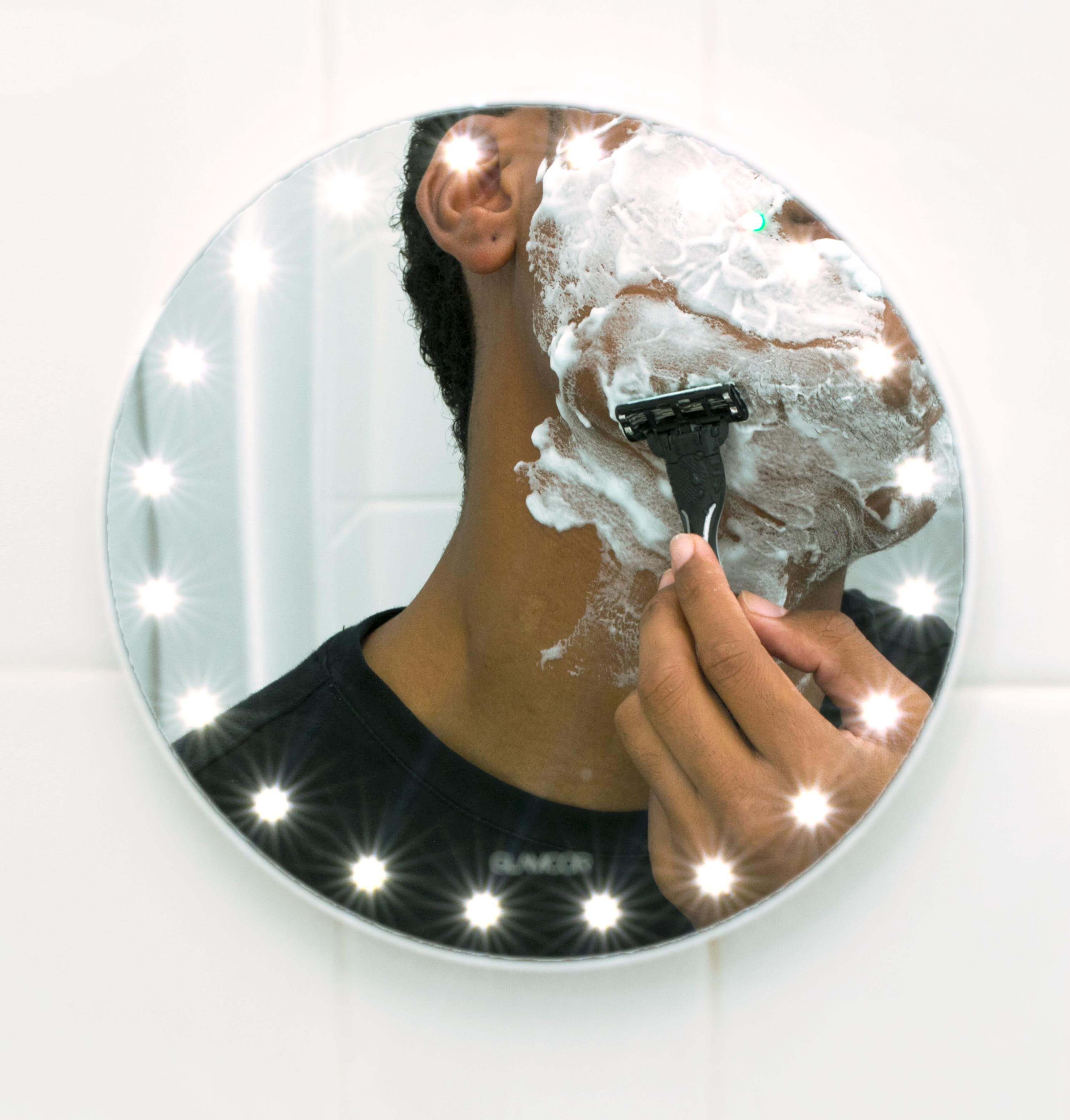 GLAMCOR Home Shaving Mirror with fogless, heated glass and LED lighting.