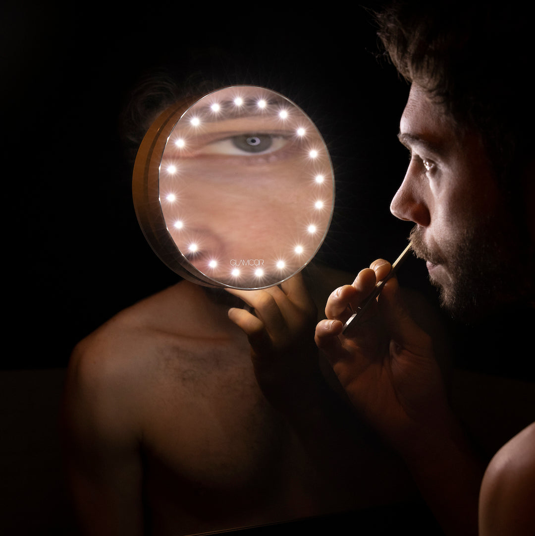 Waterproof shaving mirror by GLAMCOR Home, featuring fogless and heated technology.