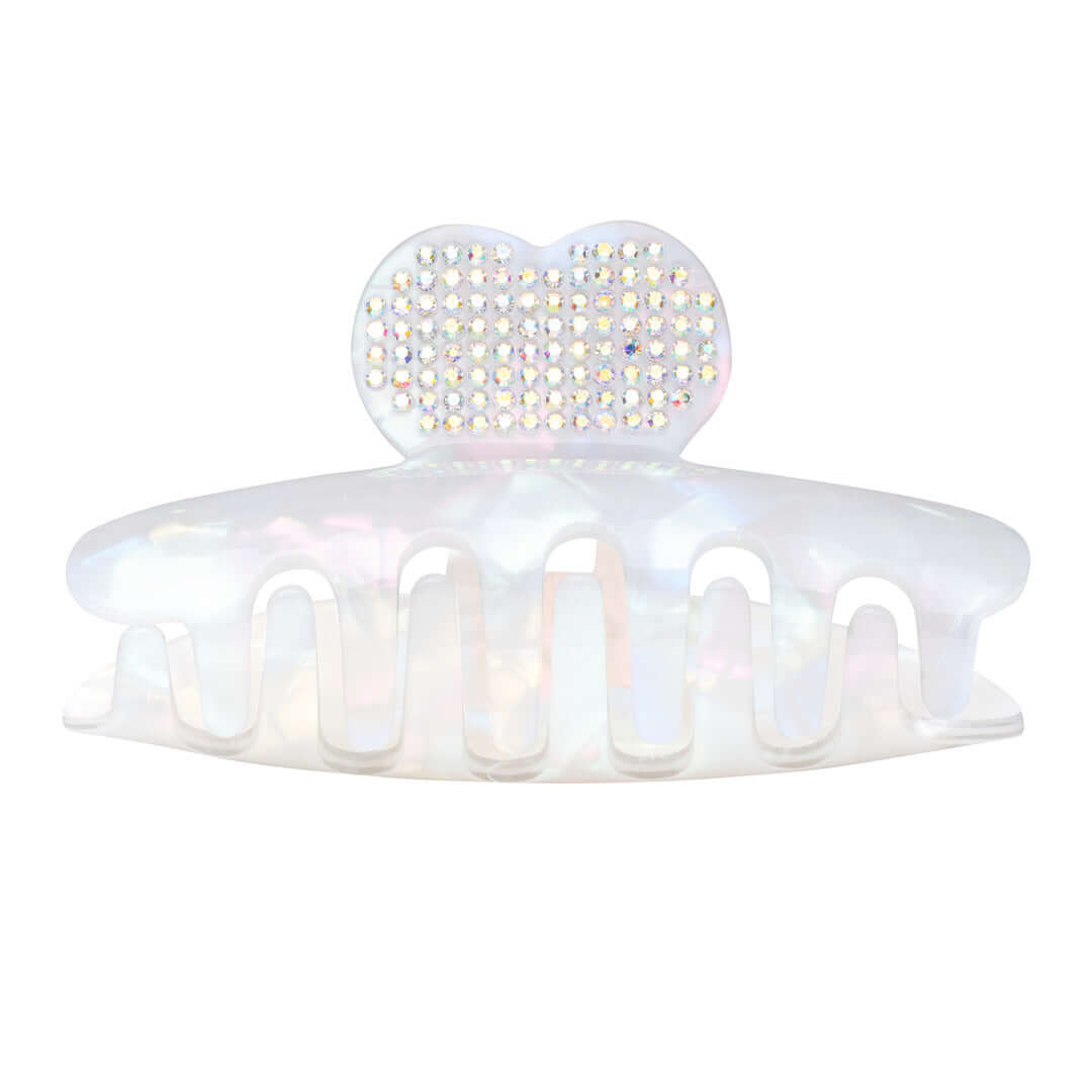 Large white RIKI Hair Clip featuring crystal hearts, suitable for thicker hair.