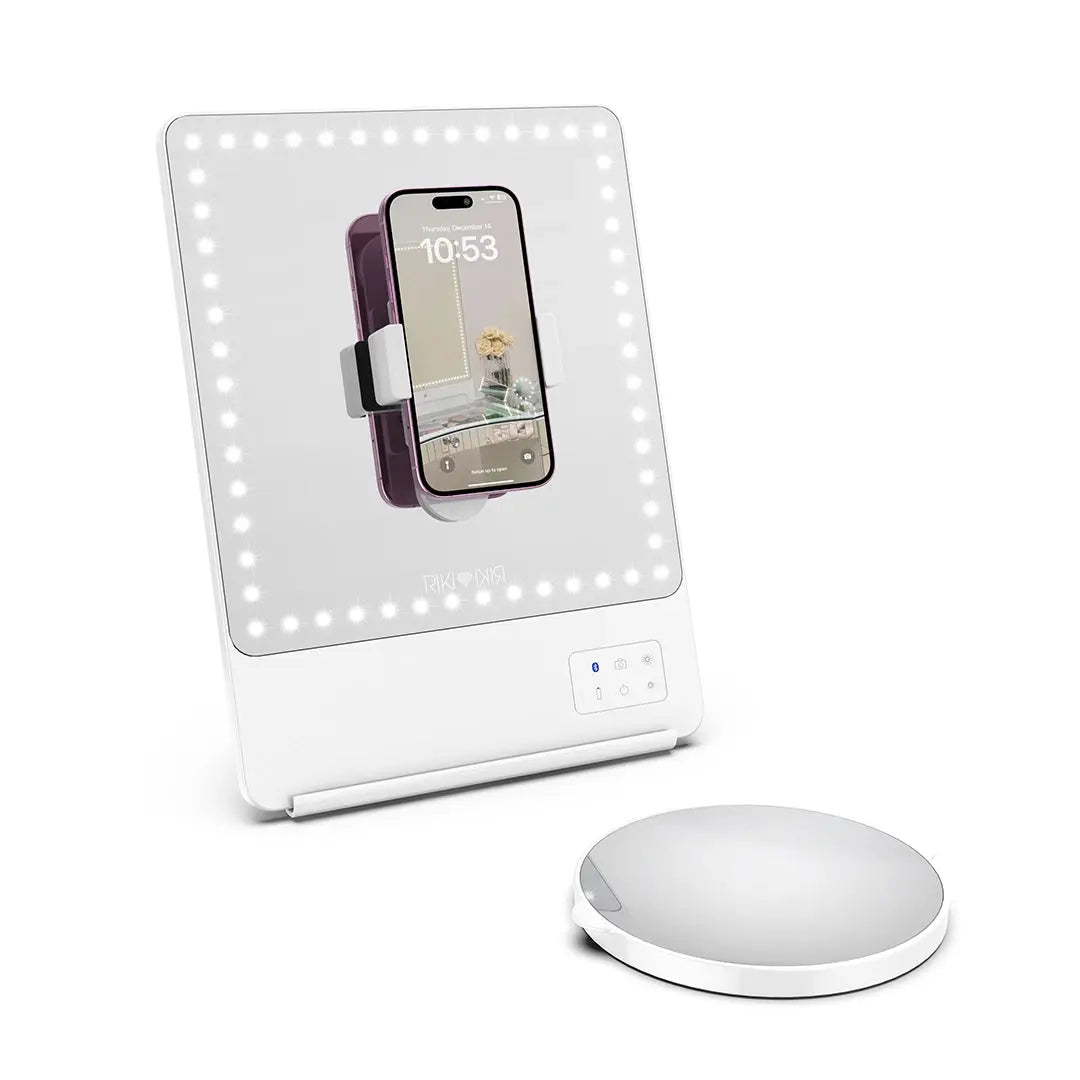 White RIKI SKINNY mirror with phone holder and separate magnifying mirror