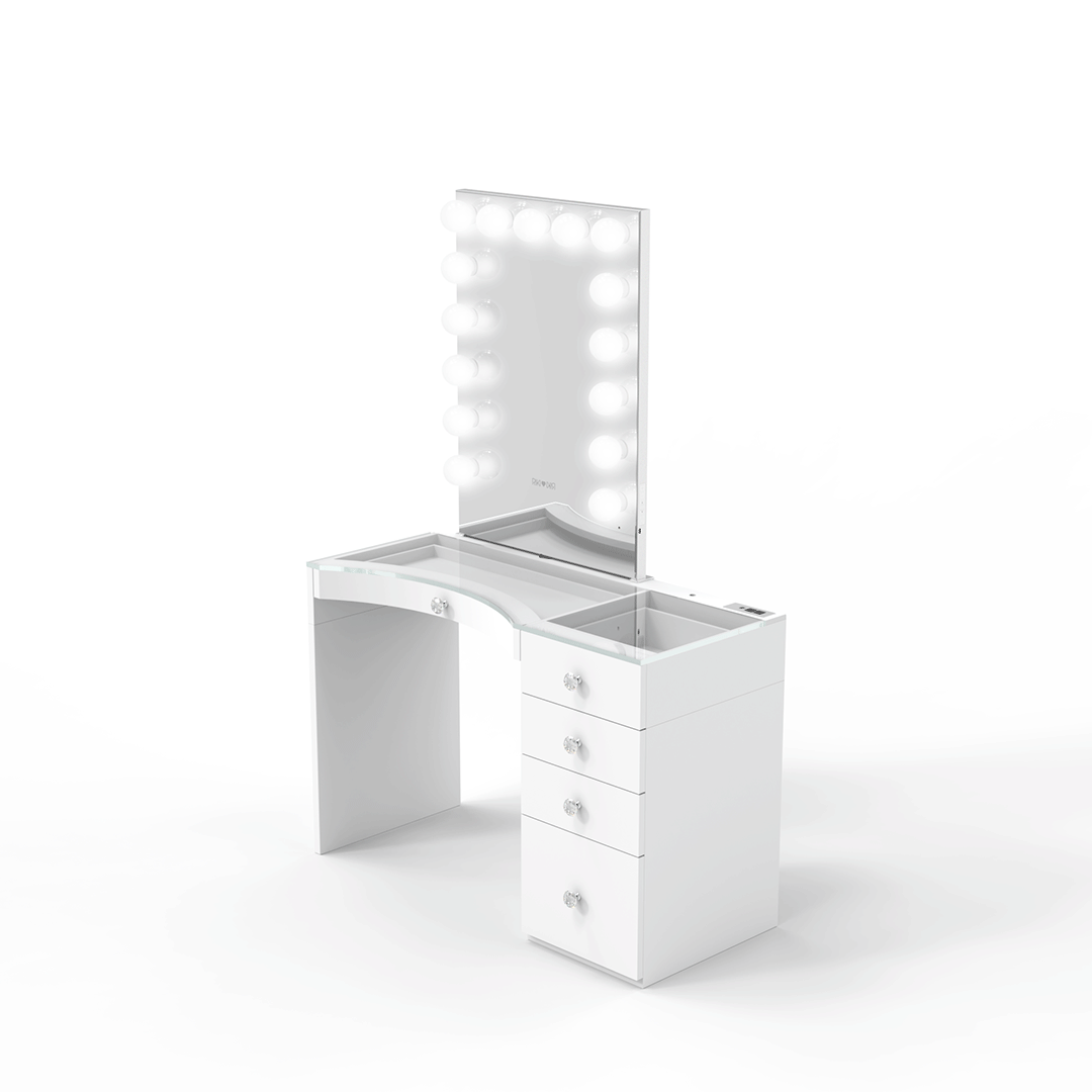 Hollywood makeup mirror and lights with a Power Vanity small table, featuring adjustable brightness levels and color temperature, better than any dressing table alternatives.