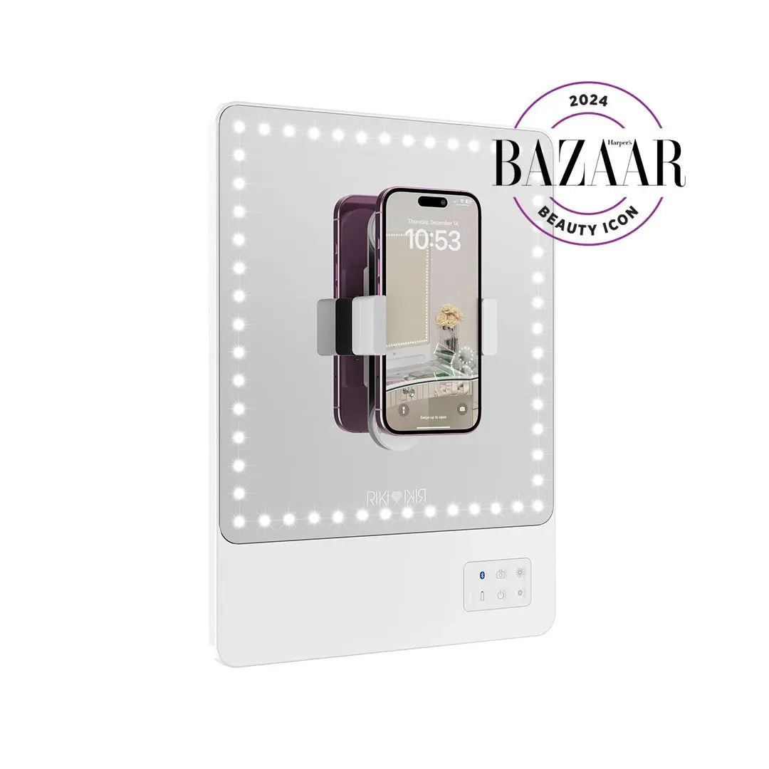 White RIKI SKINNY LED makeup mirror with mounted phone