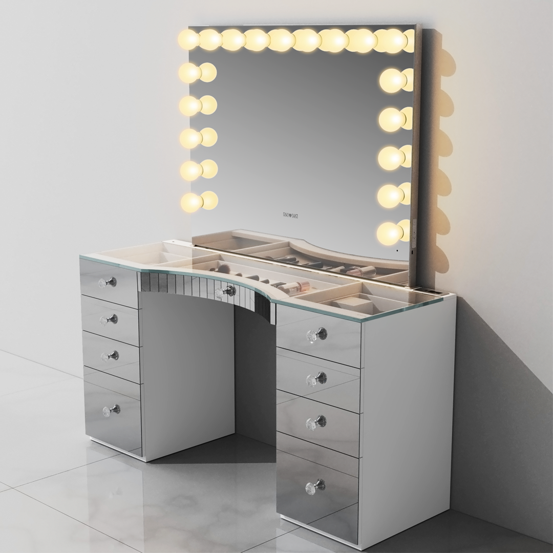 GLAMCOR Power Vanity: makeup vanity with clear glass top, crystal knobs, and ergonomic carveout.