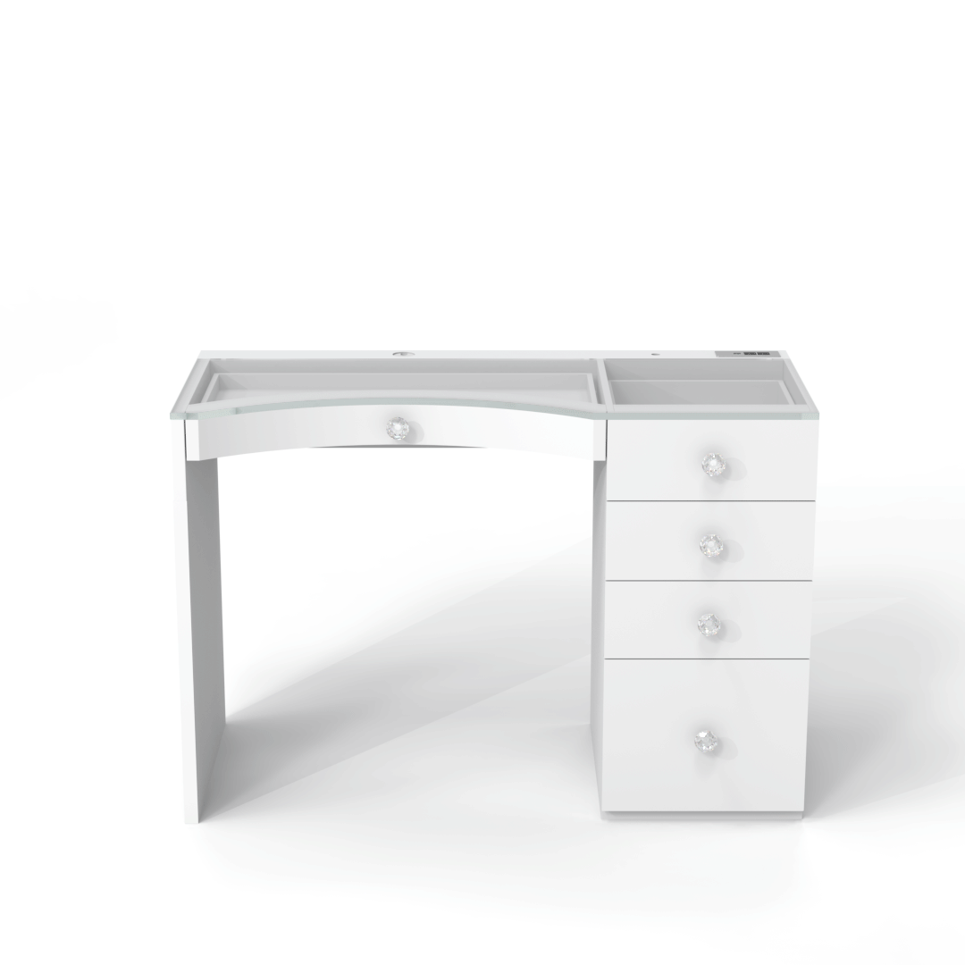 Elegant small white vanity front view, a superior alternative to Impressions Vanity and SlayStation tables.