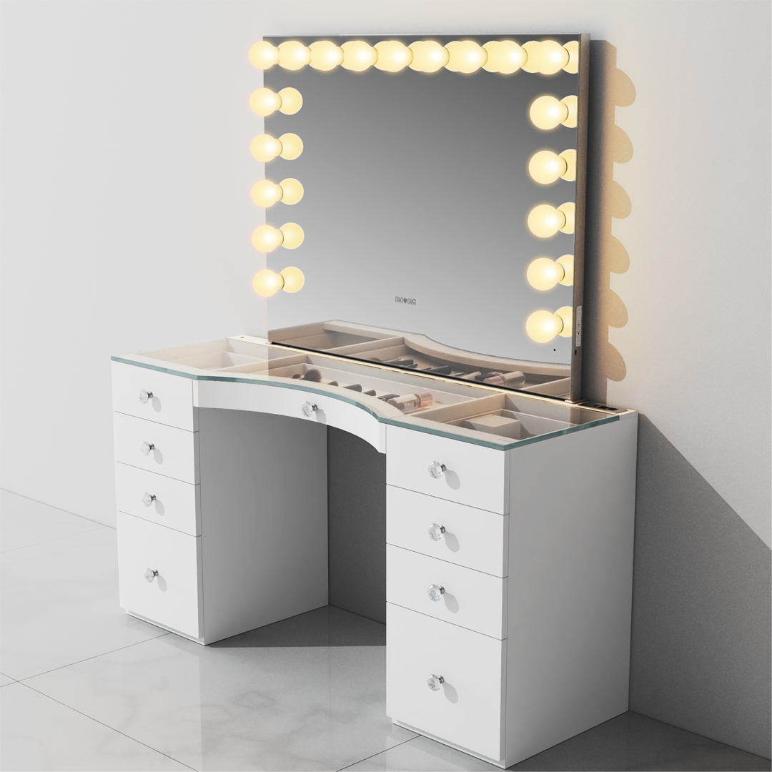 Best LED Hollywood vanity mirror bundle by RIKI OVES RIKI, featuring glamorous HD adjustable warm & cool LED lighting, ergonomic carveout, built-in power outlets, and premium storage drawers!