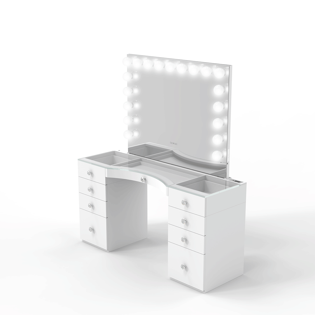 Riki Loves Riki Power Vanity challenges Impressions Vanity with ergonomic carveout and crystal knobs.