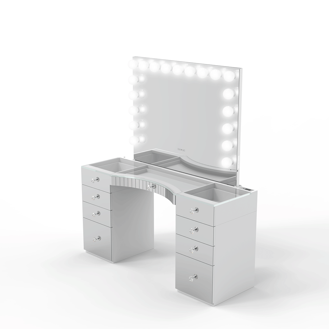Elevate your makeup routine with the meticulously crafted GLAMCOR Power Vanity & RIKI Large Hollywood Mirror – a true showstopper in design and functionality.