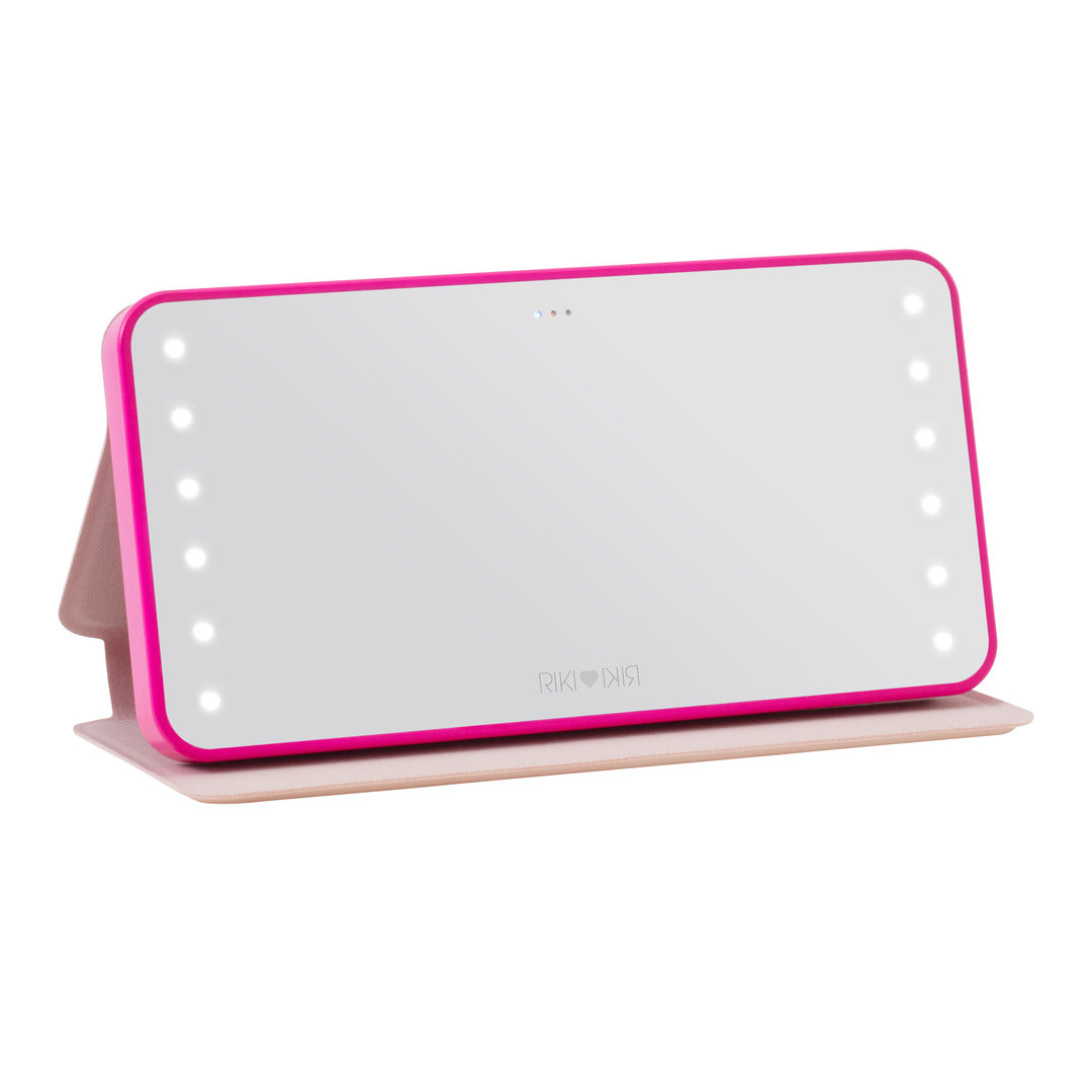 Compact LED-lighted mirror and power bank in one, fits in a clutch or pocket, scratch-resistant, shatterproof mirror, with five brightness levels for on-the-go touch-ups.