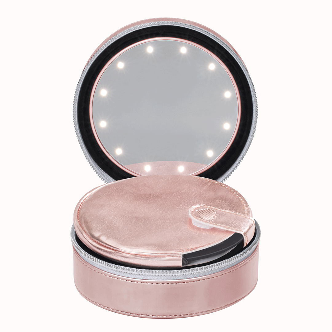 Reflect elegance with the RIKI SUPER FINE Lighted Purse Mirror in Rose Gold