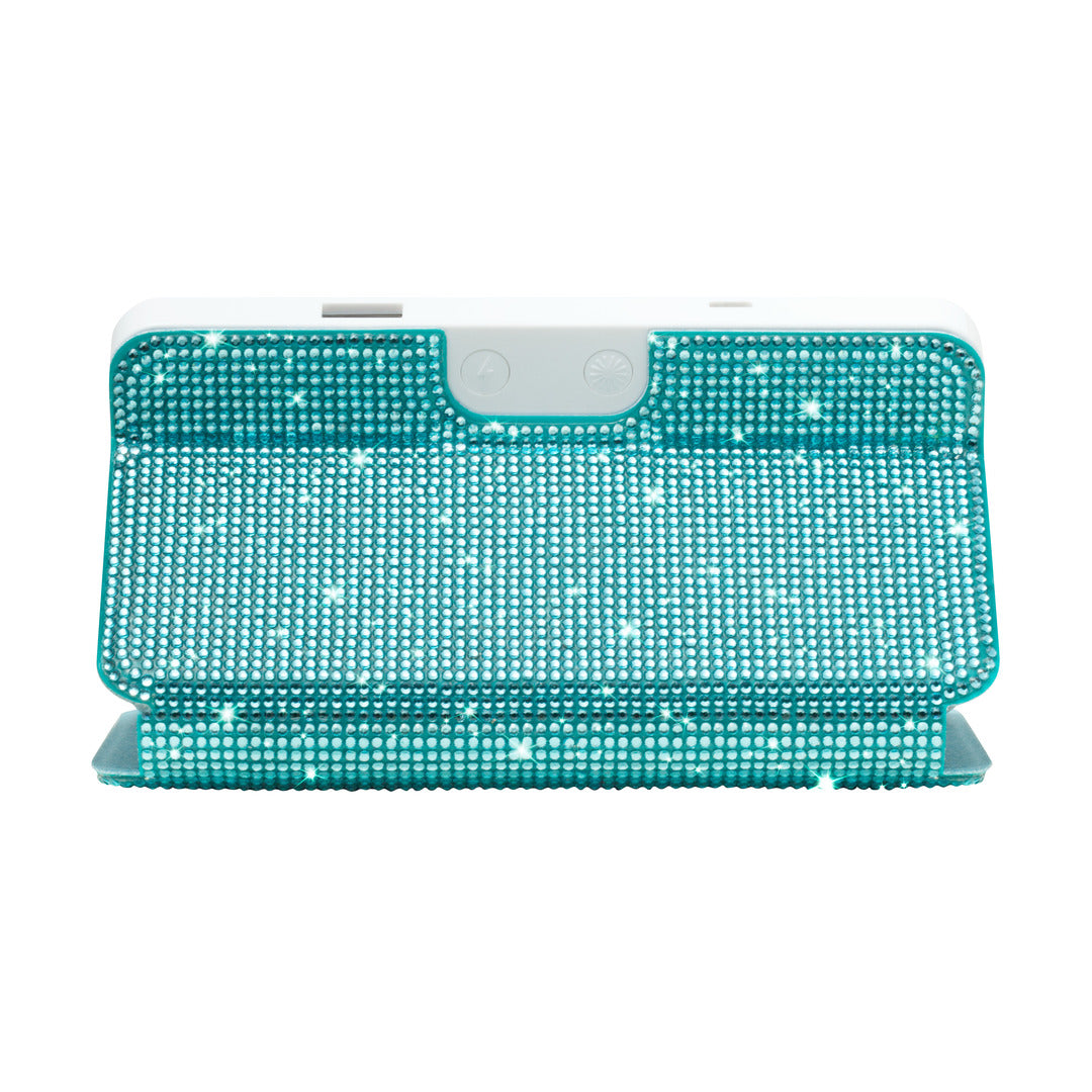 Back view of the Sparkle RIKI Powerful LED-lighted mirror and power bank in blue, ensuring your mirror is always ready to use with a phone bank charger.