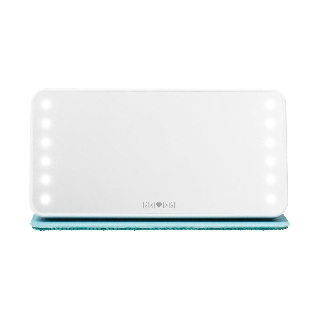 Front view of the Sparkle RIKI Powerful LED-lighted mirror and power bank in blue, adding a touch of vibrancy to your beauty routine with a portable mirror and charger.