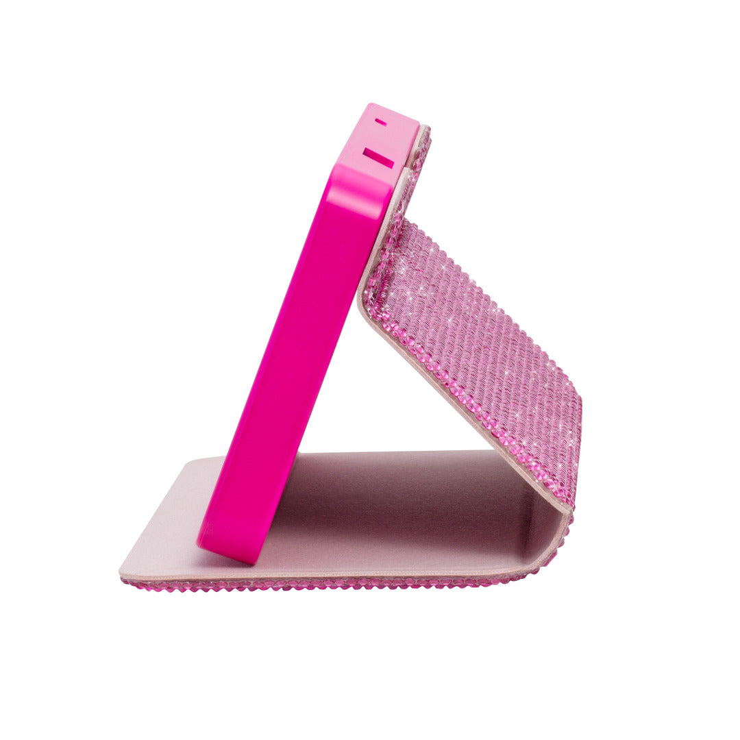 Additional view of the stand cover of the hot pink Sparkle RIKI Powerful LED-lighted mirror and power bank by RIKI LOVES RIKI, combining style and functionality seamlessly.