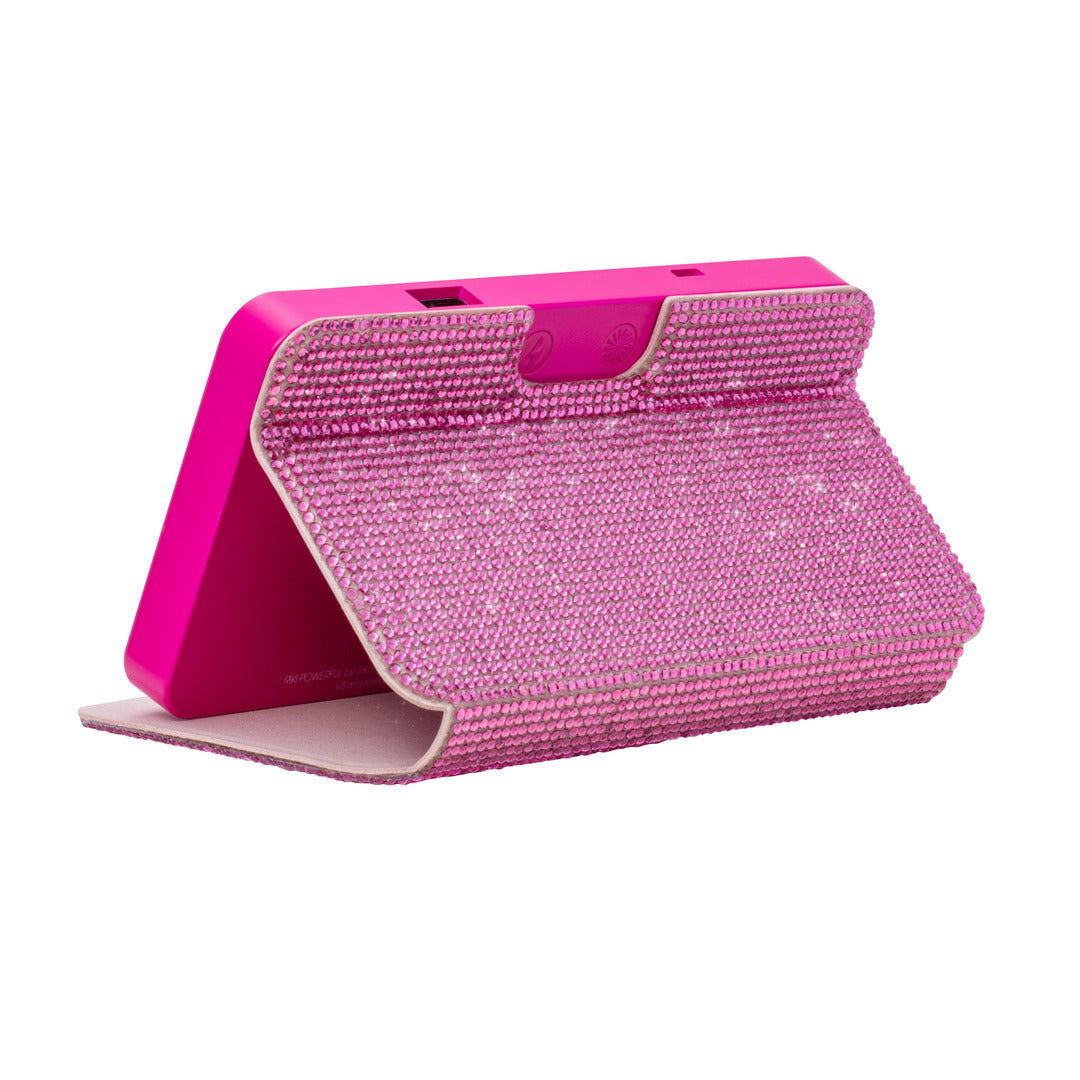 Sleek & compact Sparkle RIKI Powerful LED-lighted mirror and power bank in hot pink, the ultimate beauty accessory for travel mirror enthusiasts.