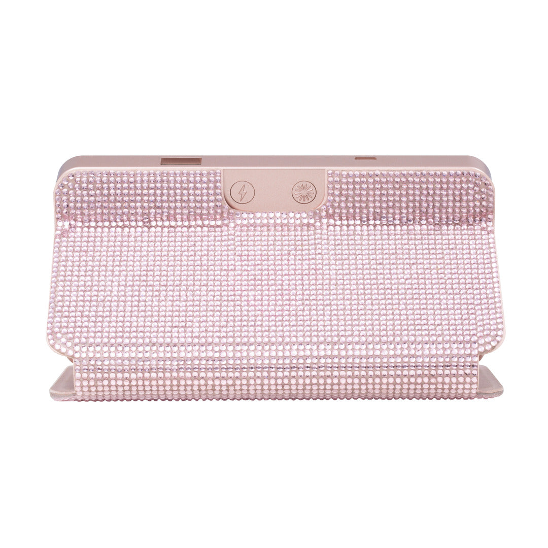 Back view of the Sparkle RIKI Powerful LED-lighted mirror and power bank in rose gold by RIKI LOVES RIKI, crafted with precision and style for a handheld mirror experience.